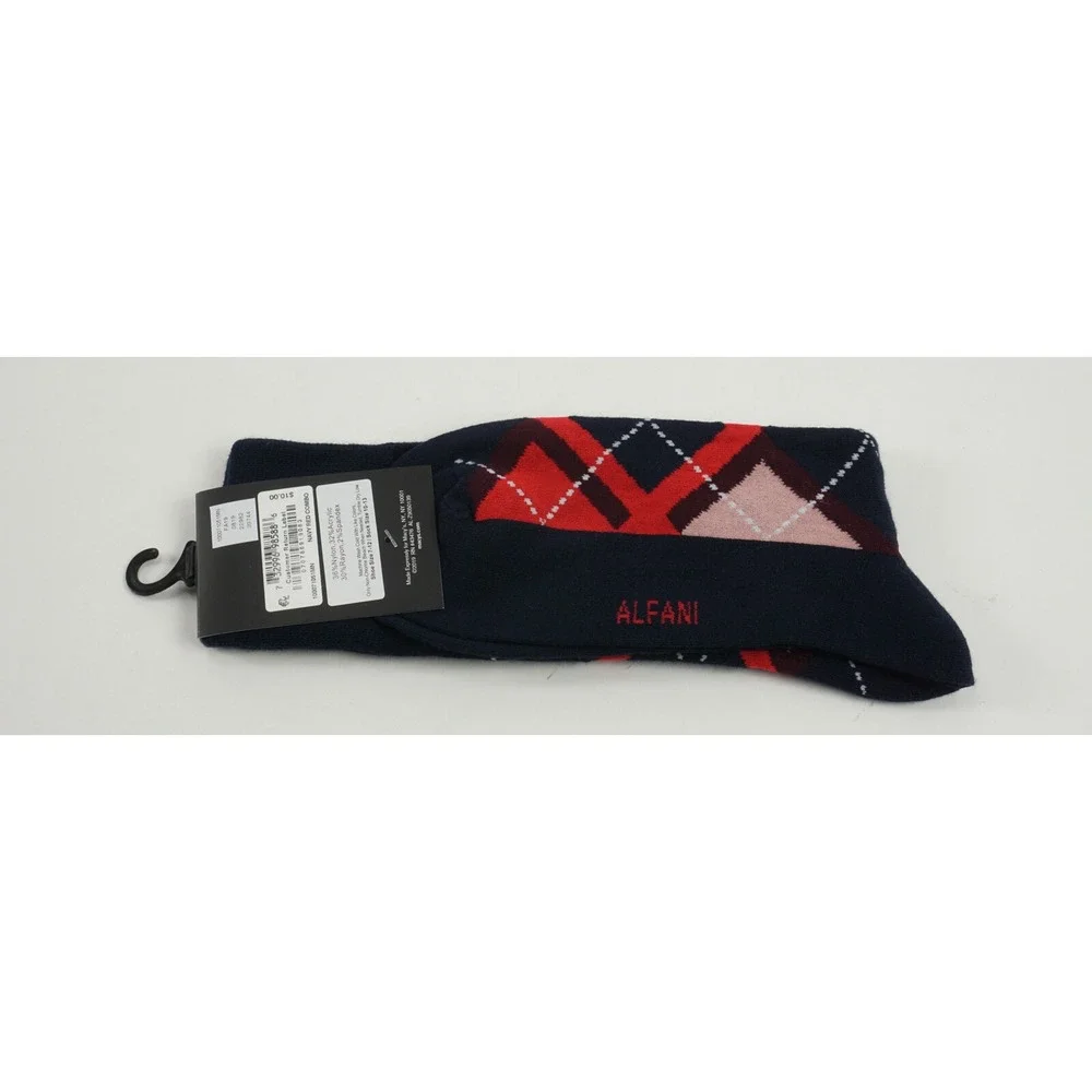 1 Pair of New‎ Alfani Men's 7-12 Blue Red Argyle Seamless Antimicrobial Socks